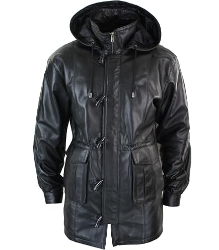 TruClothing Mens Black Real Leather Duffle Jacket Coat Toggle
